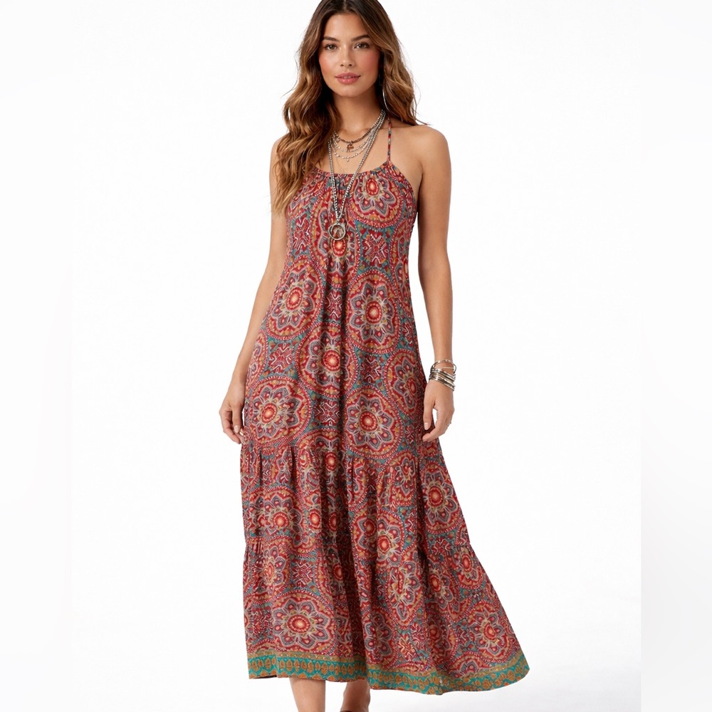 Boho Medallion Halter Maxi Dress Flowy Tiered Artsy Festival One Size Free Size